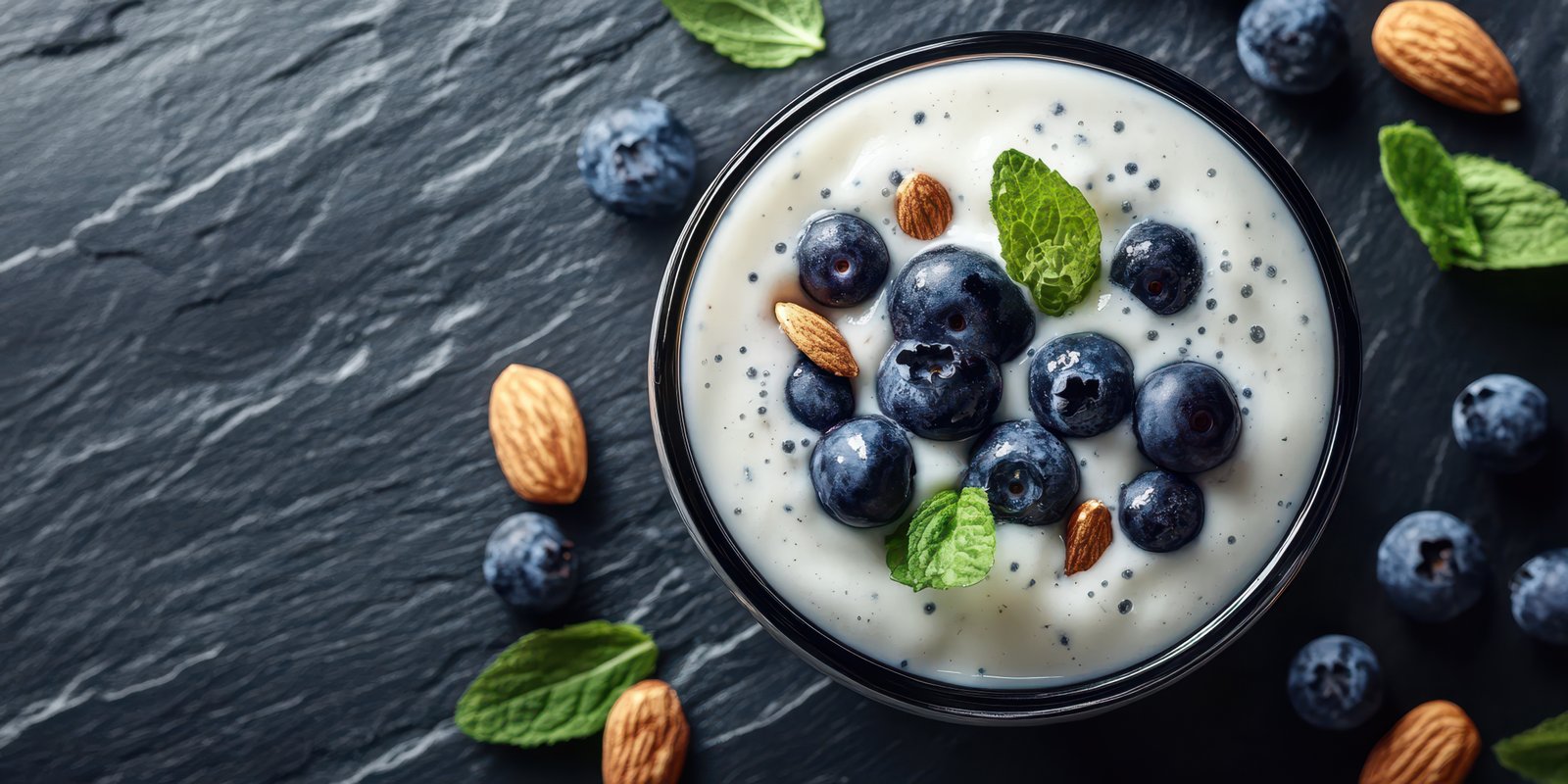 Delightful yogurt bowl topped with blueberries, almonds, and fresh mint on a dark stone surface